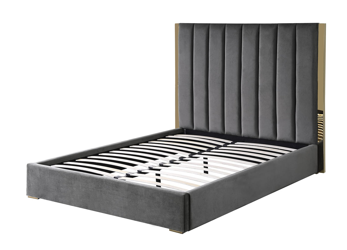 Jalen Modern Velvet Upholstered Platform Bed Frame, Queen, Glam Contemporary Design (Dark Gray - detail view