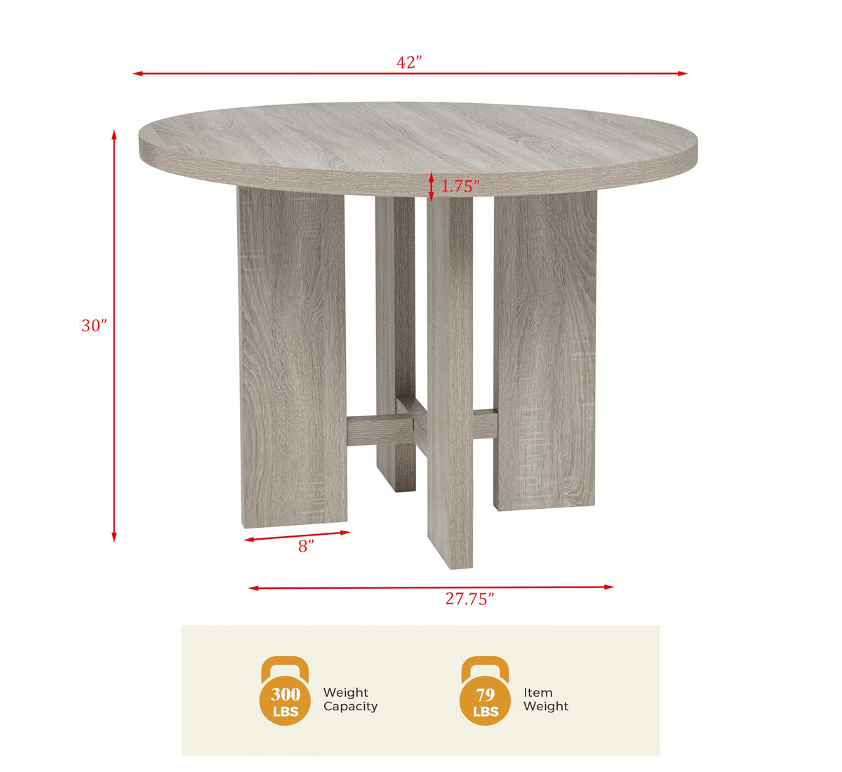Timbria 42" Round Transitional Dining Table, Ideal for Kitchen or Dining Room Spaces in Oak/Grey - side view