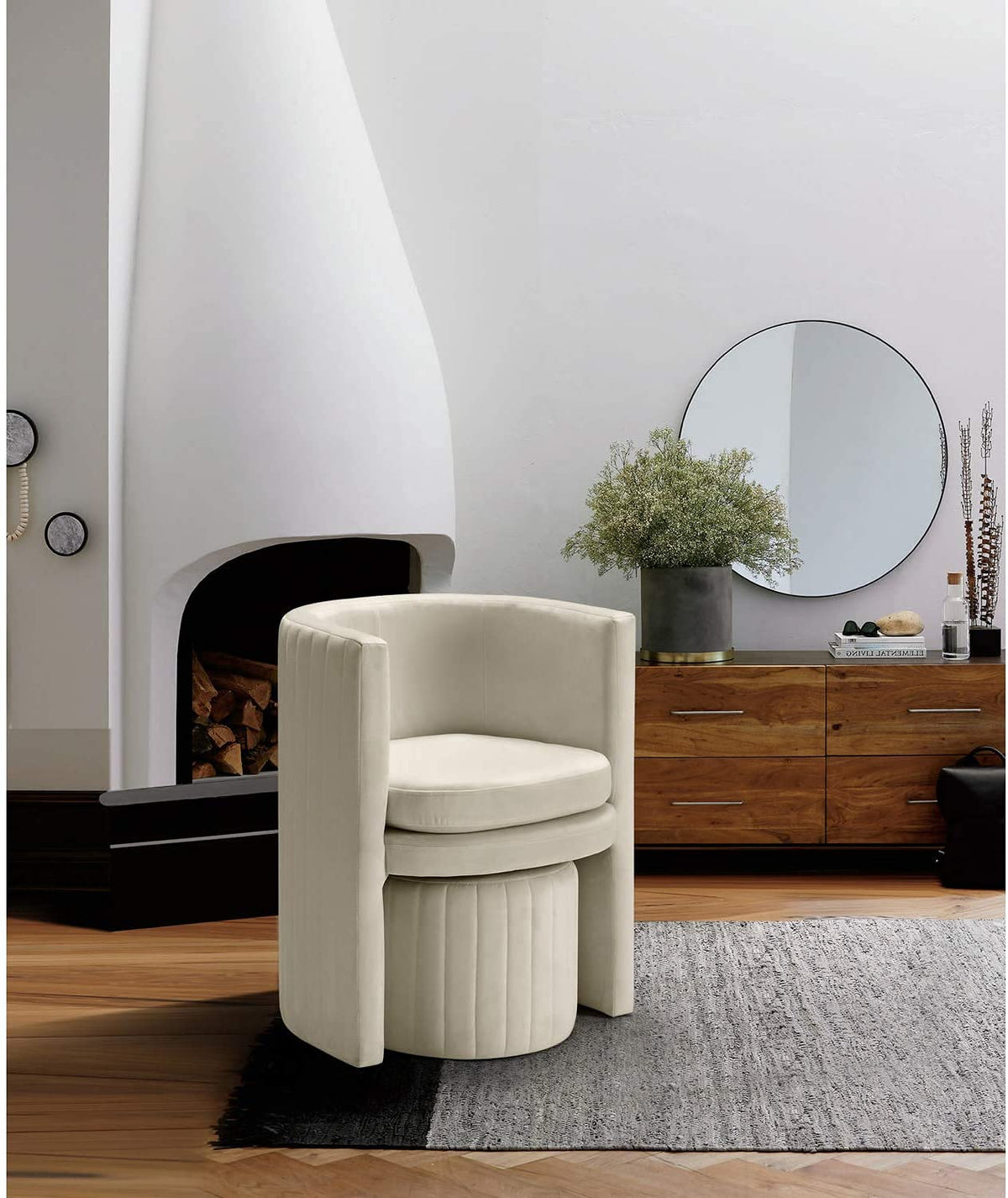 Seager Cream Velvet Round Arm Chair with Ottoman - front view