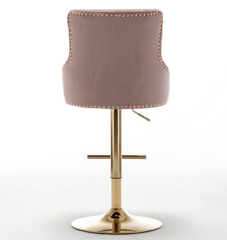 Brightcast 2-Piece Velvet Tufted Gold Bar Stools in Pink - back view