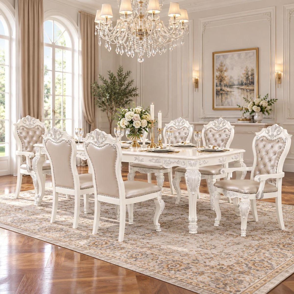 Victoria Pearl White 7/9-Piece Dining Set — collection view; check selected pieces