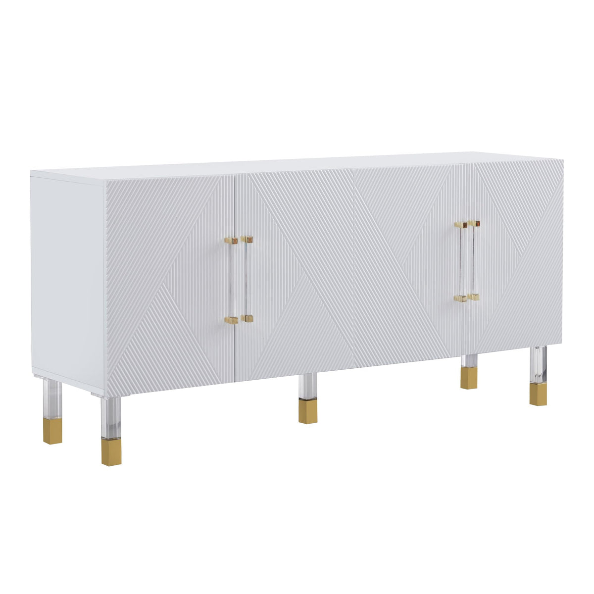 Quinn Contemporary Lacquer Sideboard, with Storage Acrylic/Gold Handles and Legs in White