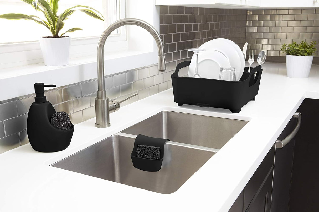 Umbra Saddle Sink Caddy – Flexible Rubber Kitchen Sink Sponge Holder & Dish Brush Organizer, Black