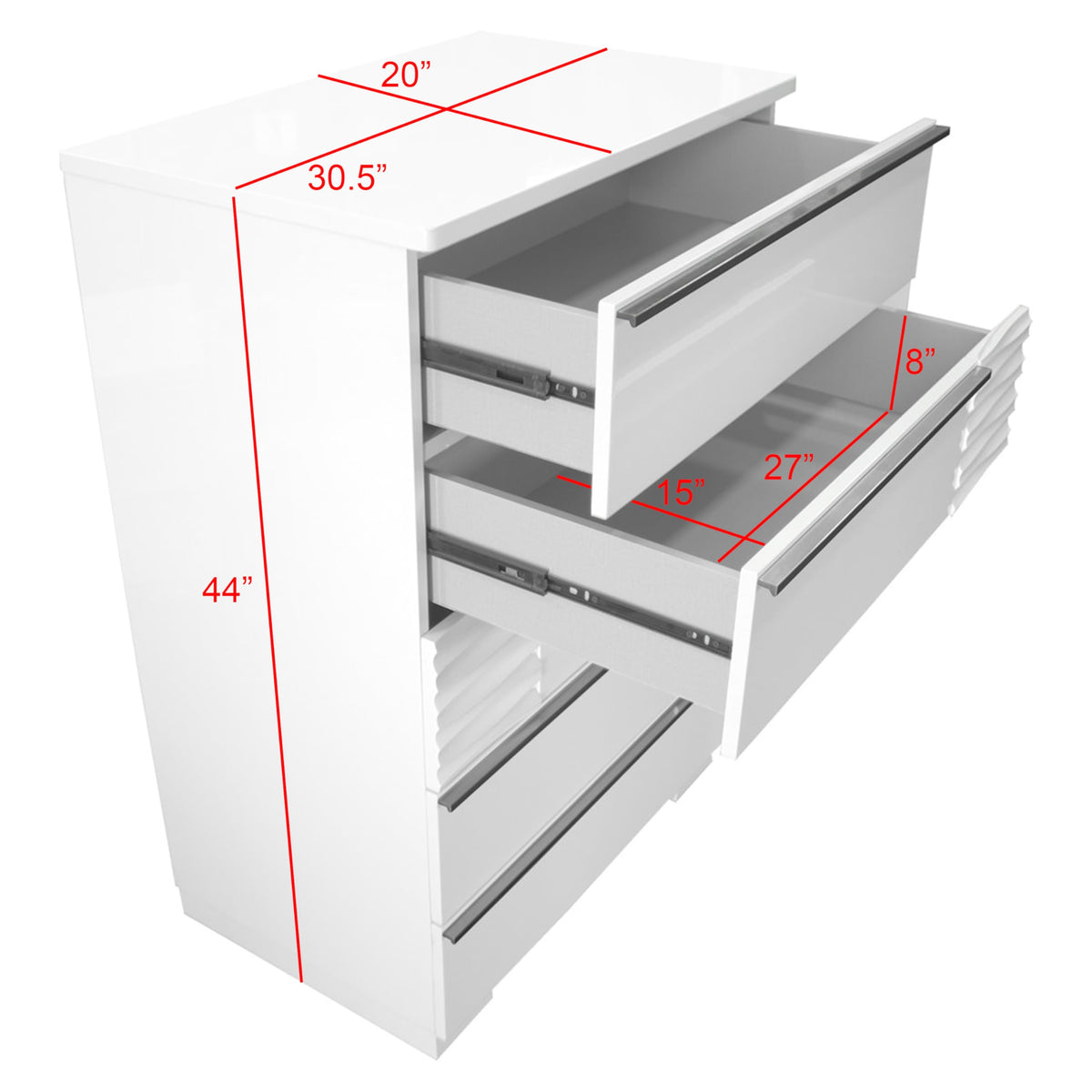 Athen 30" 5-Drawer Chest with Chrome Pull Handles, White High Gloss Lacquer Finish - front view