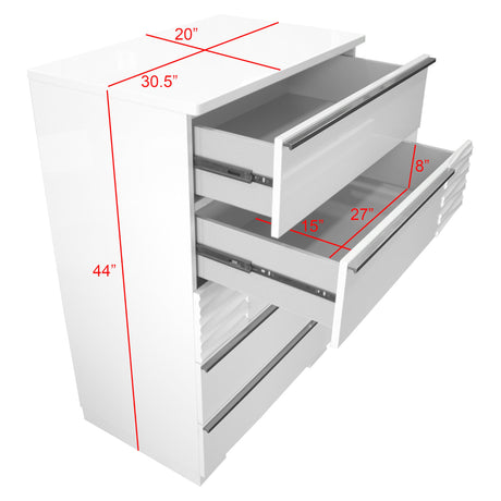 Athen 30" 5-Drawer Chest with Chrome Pull Handles, White High Gloss Lacquer Finish - front view
