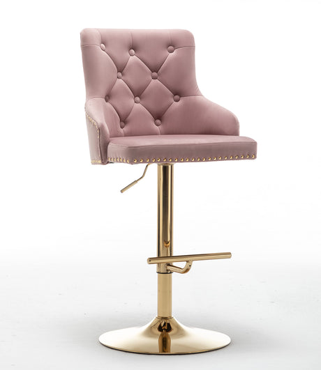 Brightcast 2-Piece Velvet Tufted Gold Bar Stools in Pink