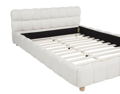 Ctoria Queen Burlap Bed Frame with 30" Curved Block-Style Headboard, Low Profile in Cream - side view
