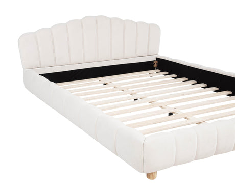Ctera Queen Velvet Bed Frame with 30" Shell-Shaped Headboard, Low Profile in Cream - side view