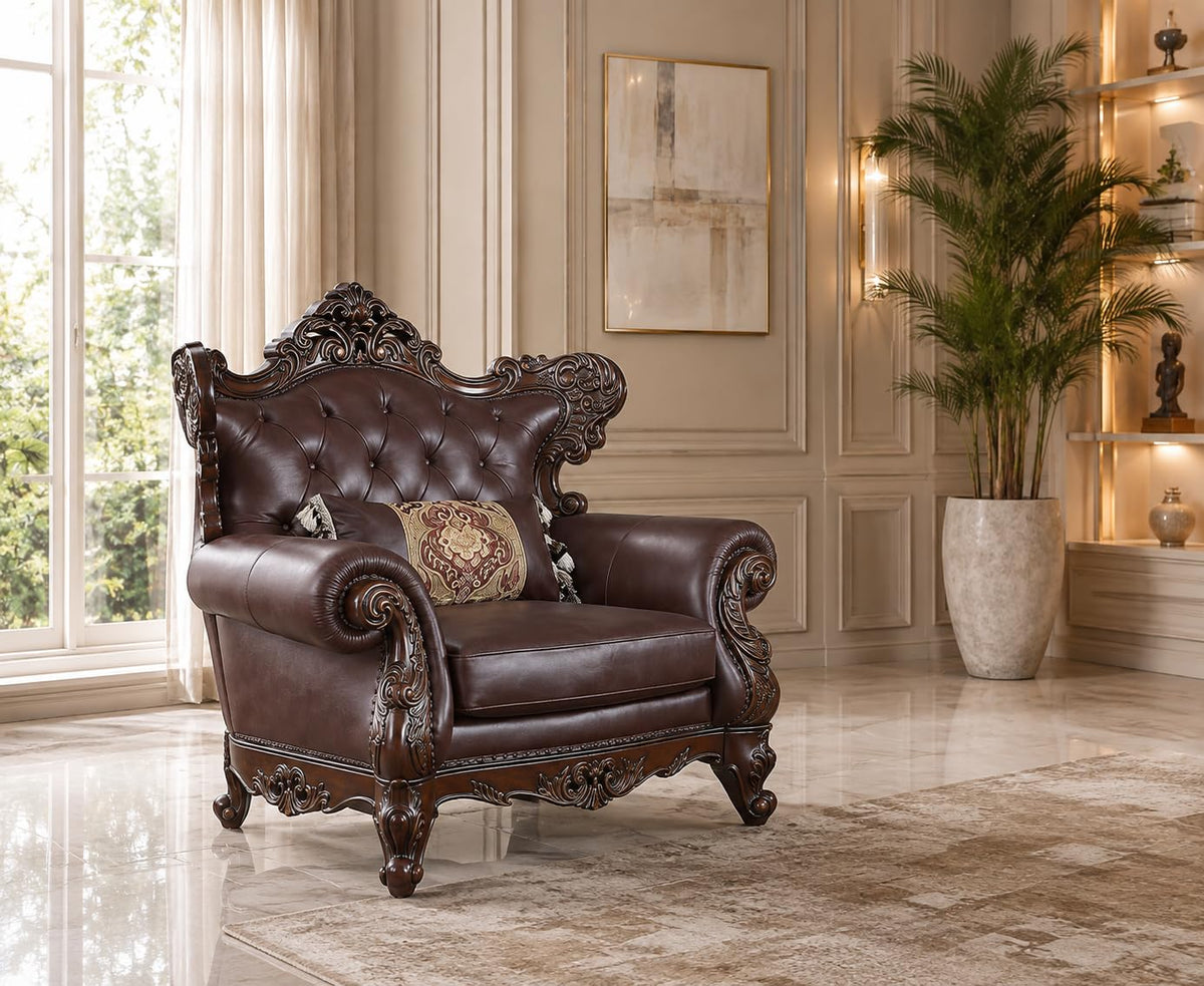 Britney Tufted Faux Leather Accent Chair with Cherry Wood Detailing — styled product view