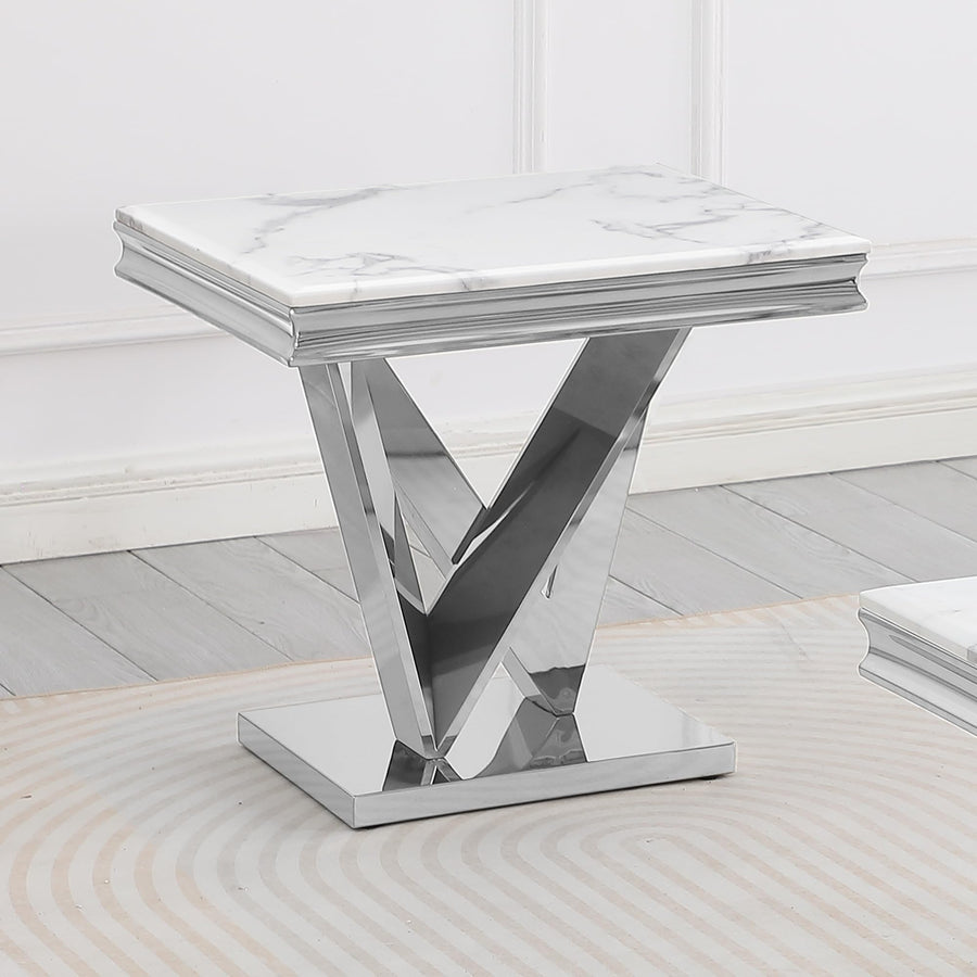 Thiago Contemporary White Square Stone End Table in Silver