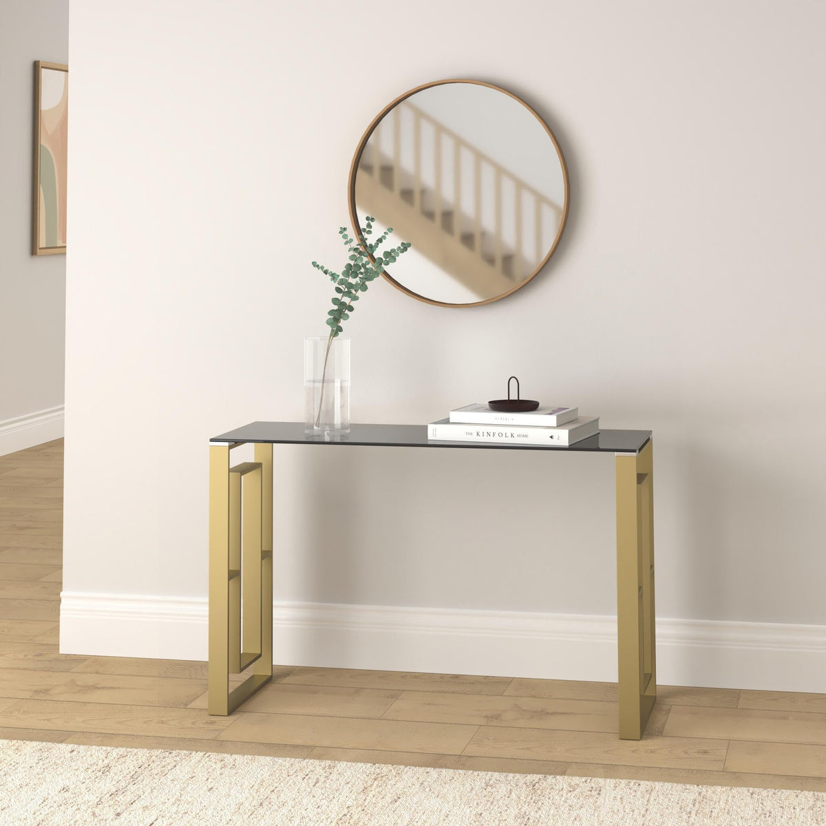 Mallory Stainless Steel and Smoked Glass Console Table in Gold - front view