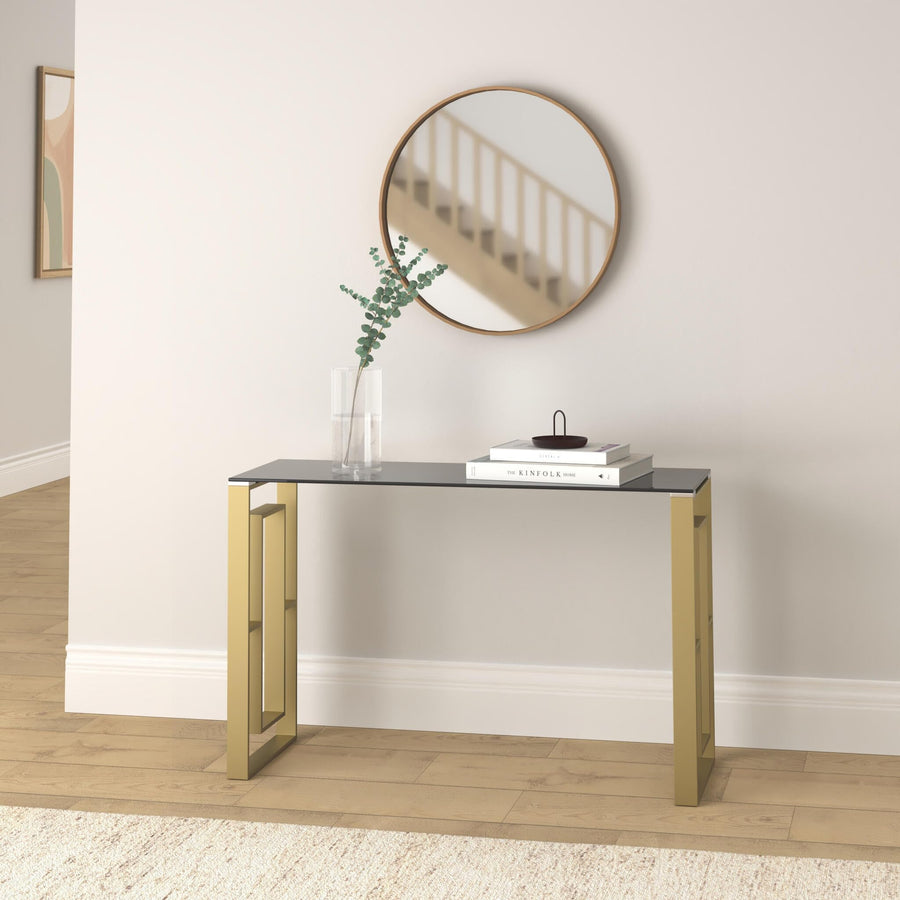 Mallory Stainless Steel and Smoked Glass Console Table in Gold