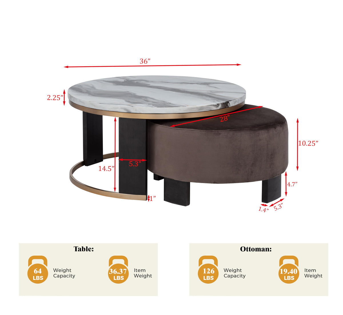 Tvano 37" Round Coffee Table with Stool, 2-Piece - side view