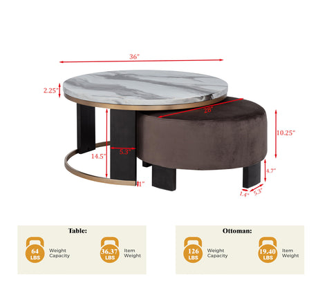 Tvano 37" Round Coffee Table with Stool, 2-Piece - side view