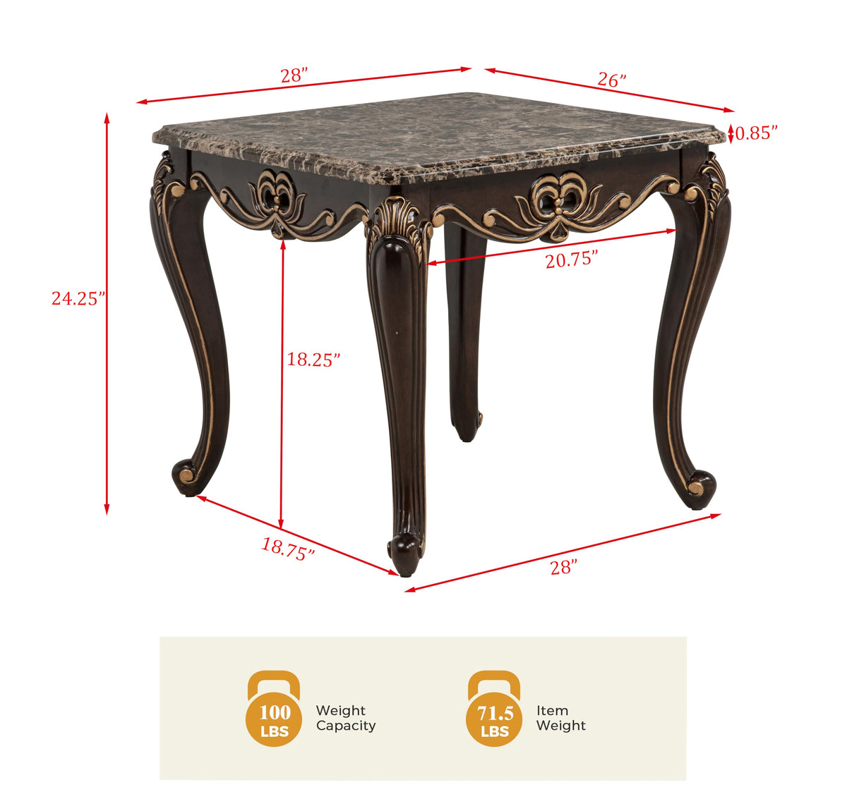 Tlerra 28" Square Victorian Classic Living Room End Table - side view