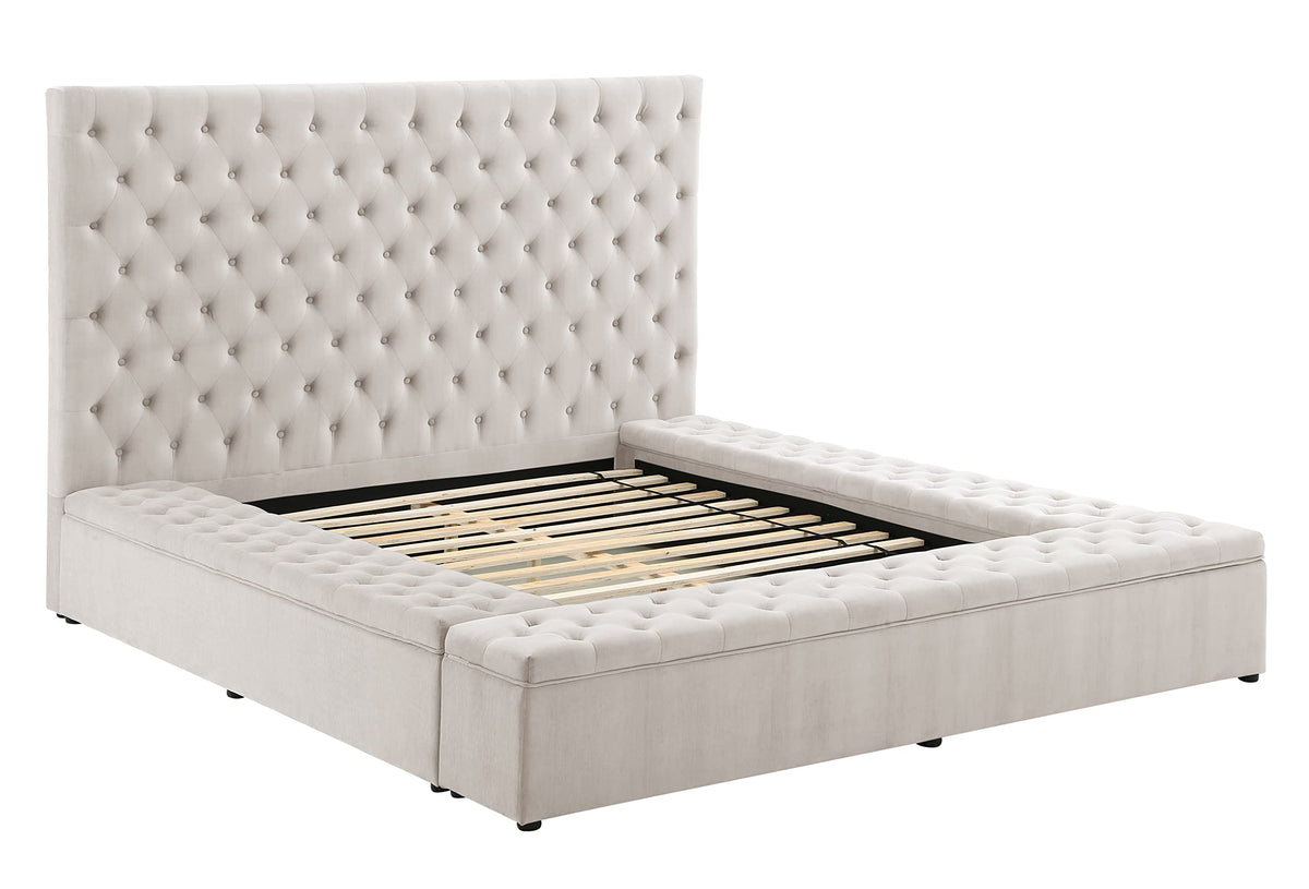 Yumi Upholstered Velvet Low Profile Platform Bed, California King, Cream - side view