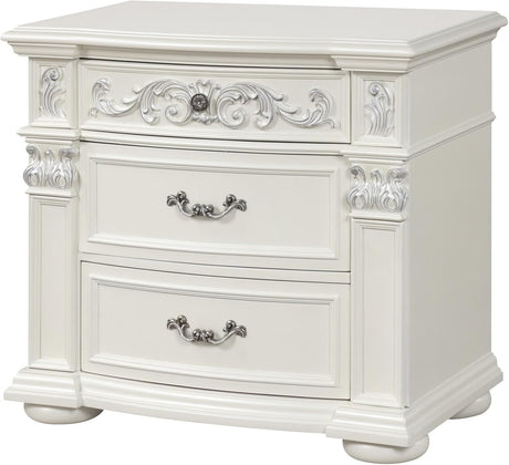 A white two-drawer nightstand with ornate silver scrollwork details on the drawer fronts and sides, featuring decorative carved panels and silver metal handles.