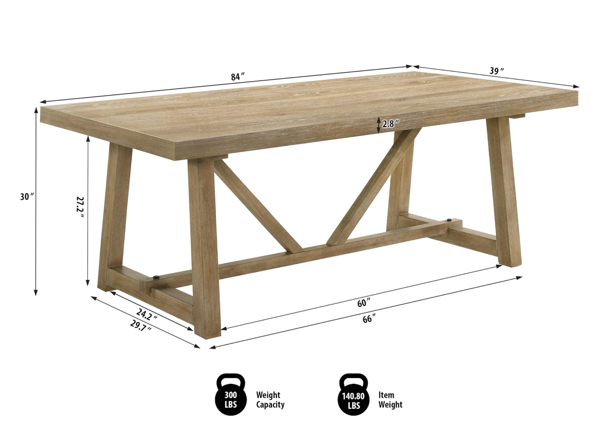Malibu 84" Rectangle Transitional Dining Table with Wood Grain Top, Trestle Base and Diagonal… - side view