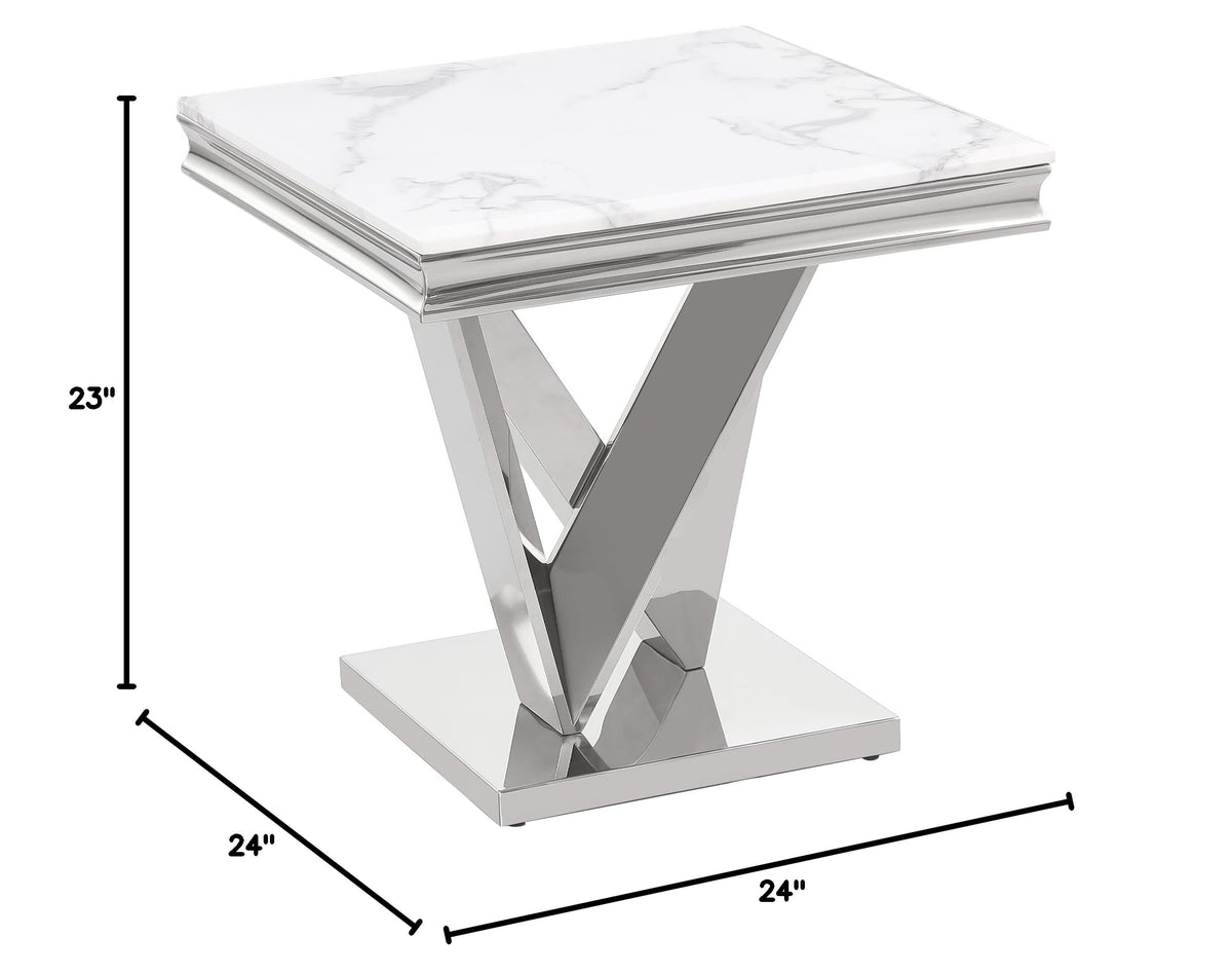Thiago Contemporary White Square Stone End Table in Silver - side view
