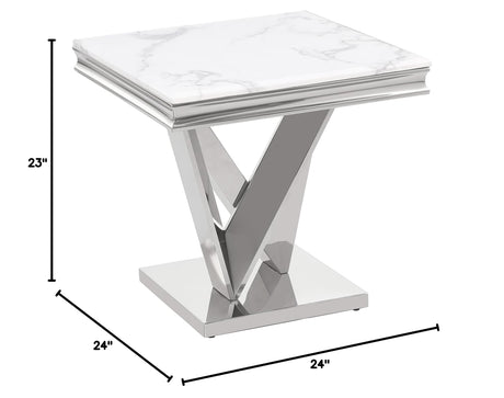 Thiago Contemporary White Square Stone End Table in Silver - side view
