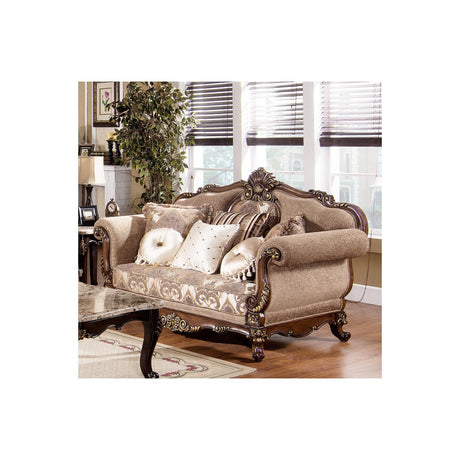 Winfrey 2-Pc Solid Wood and Chenille Living Room Set in Cherry - detail view