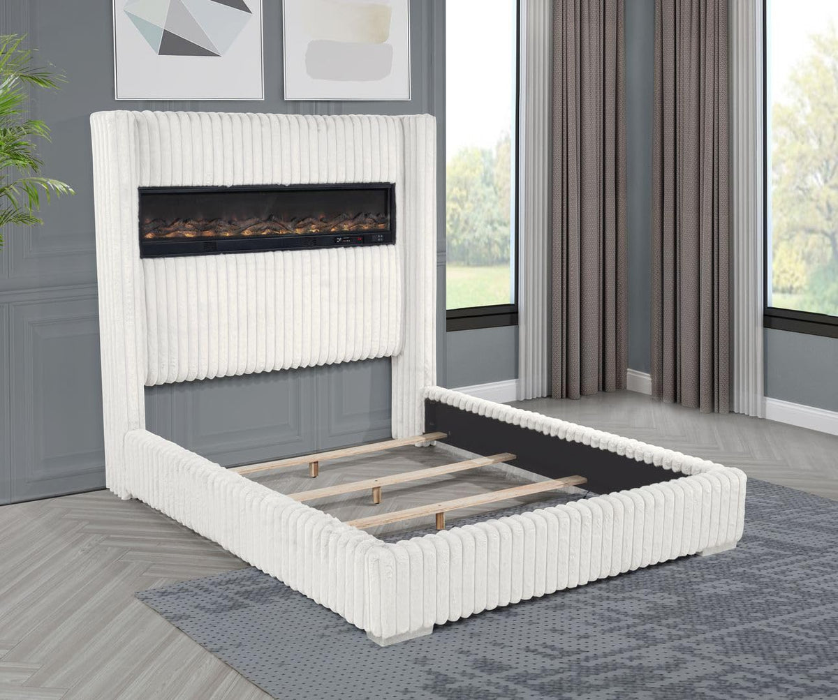 Uphoria Rabbit Velvet Upholstered Bed Frame, California King, Vertical Chanel Design in Cream - angle view
