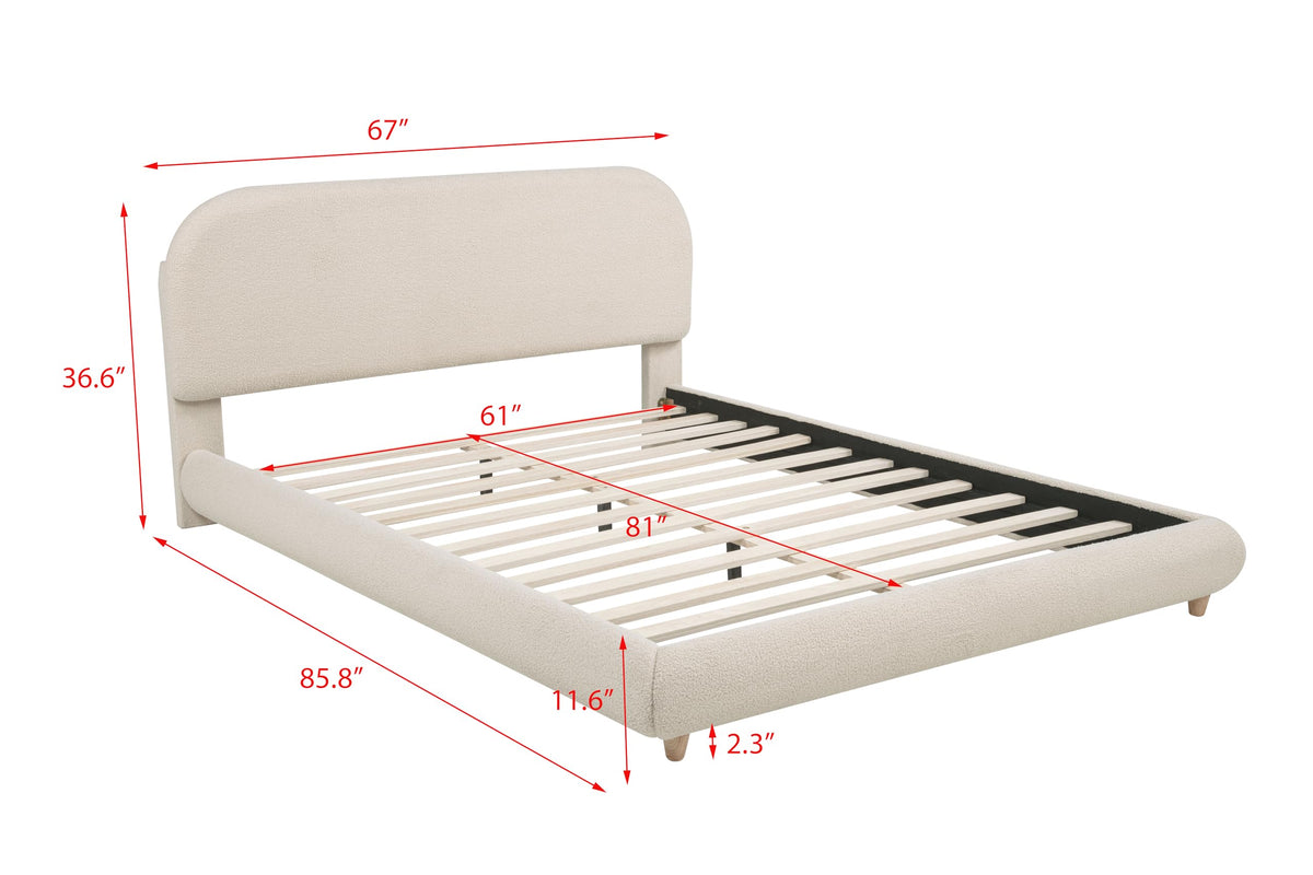 Cteris Queen Fleece Upholstered Bed Frame, Curved Side Rails and Footboard in Cream - side view