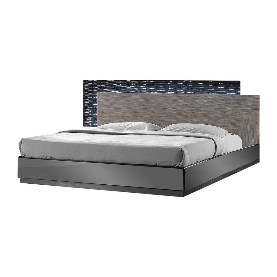 Romania Platform Bed with LED-Illuminated Headboard and Zebra Gray Panel - Contemporary & Black Geometric Lacquer