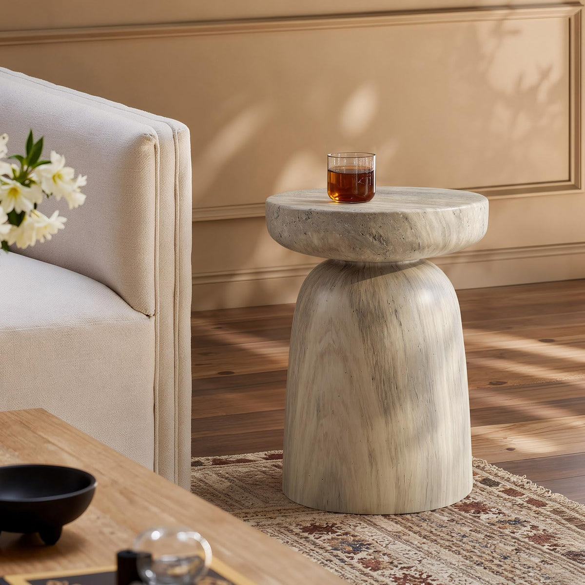 Vyn 14" Modern Round Side Table Concrete Tavertine Finish - close-up