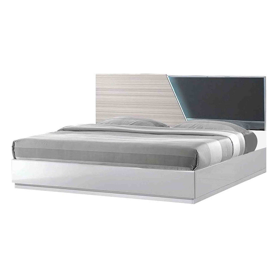 Manchester Platform Bed with LED-Lit Headboard and Smoked Mirror Panel - Contemporary & White Lacquer with Zebra Gray