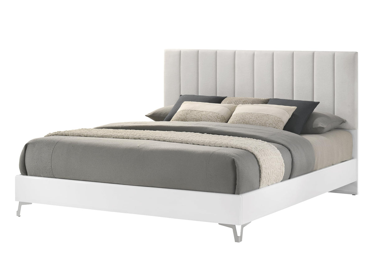 Linea 83" Eastern King Bed Frame, White Frame with Beige Padded Headboard