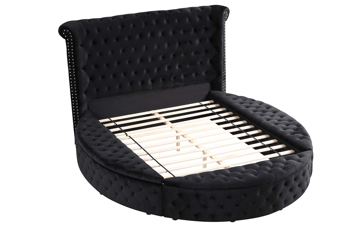 Lexi Round Upholstered Velvet Platform Bed Frame, Queen, Black - detail view