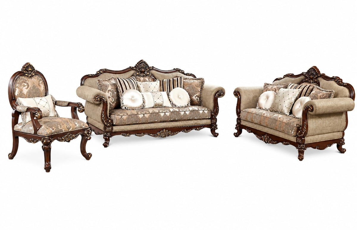 Madelyn 3-Piece Traditional Regal Living Room Set – 94" Sofa, 78" Loveseat & 30" Arm Chair in Cherry Finish