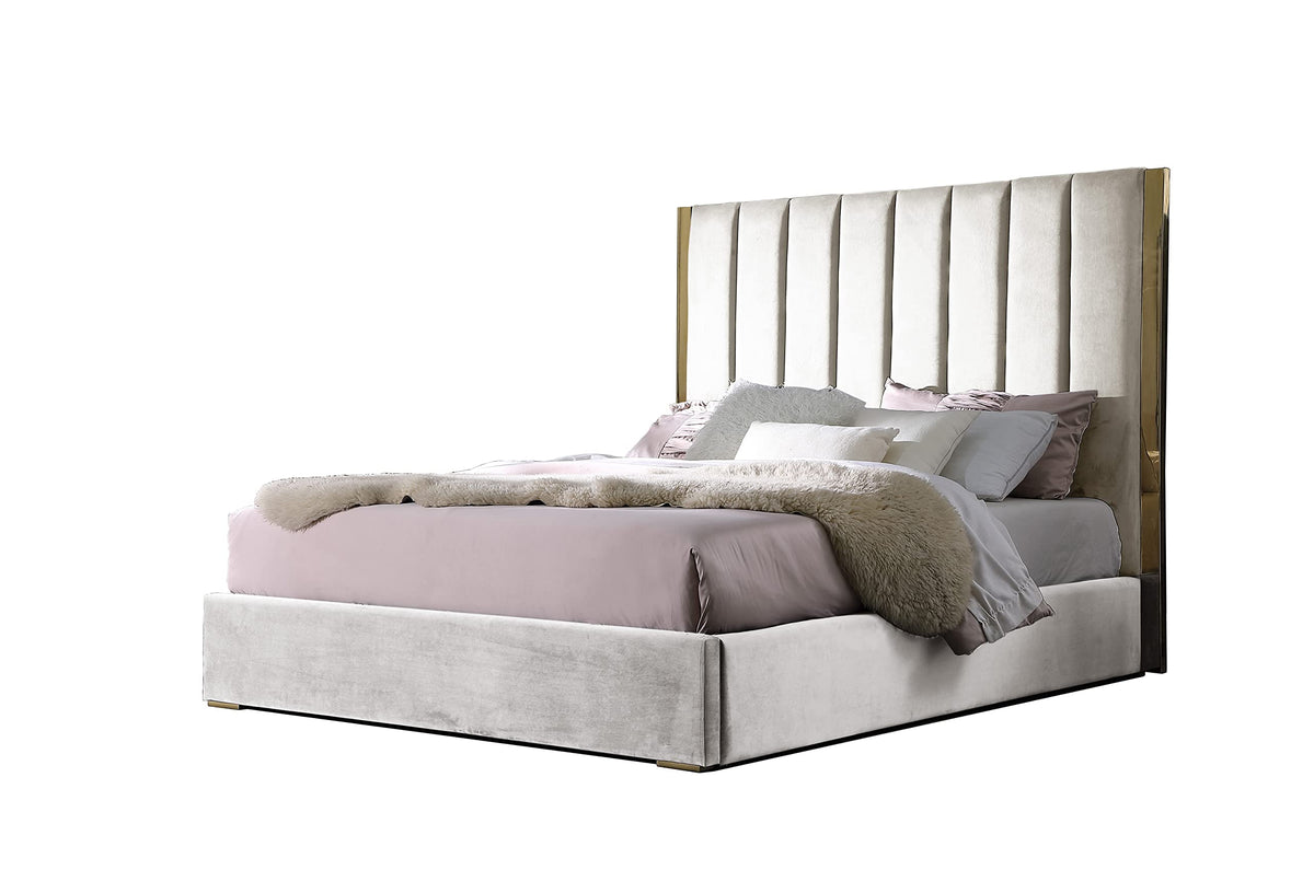 Jalen Modern Velvet Upholstered Platform Bed Frame, King, Glam Contemporary Design (Beige