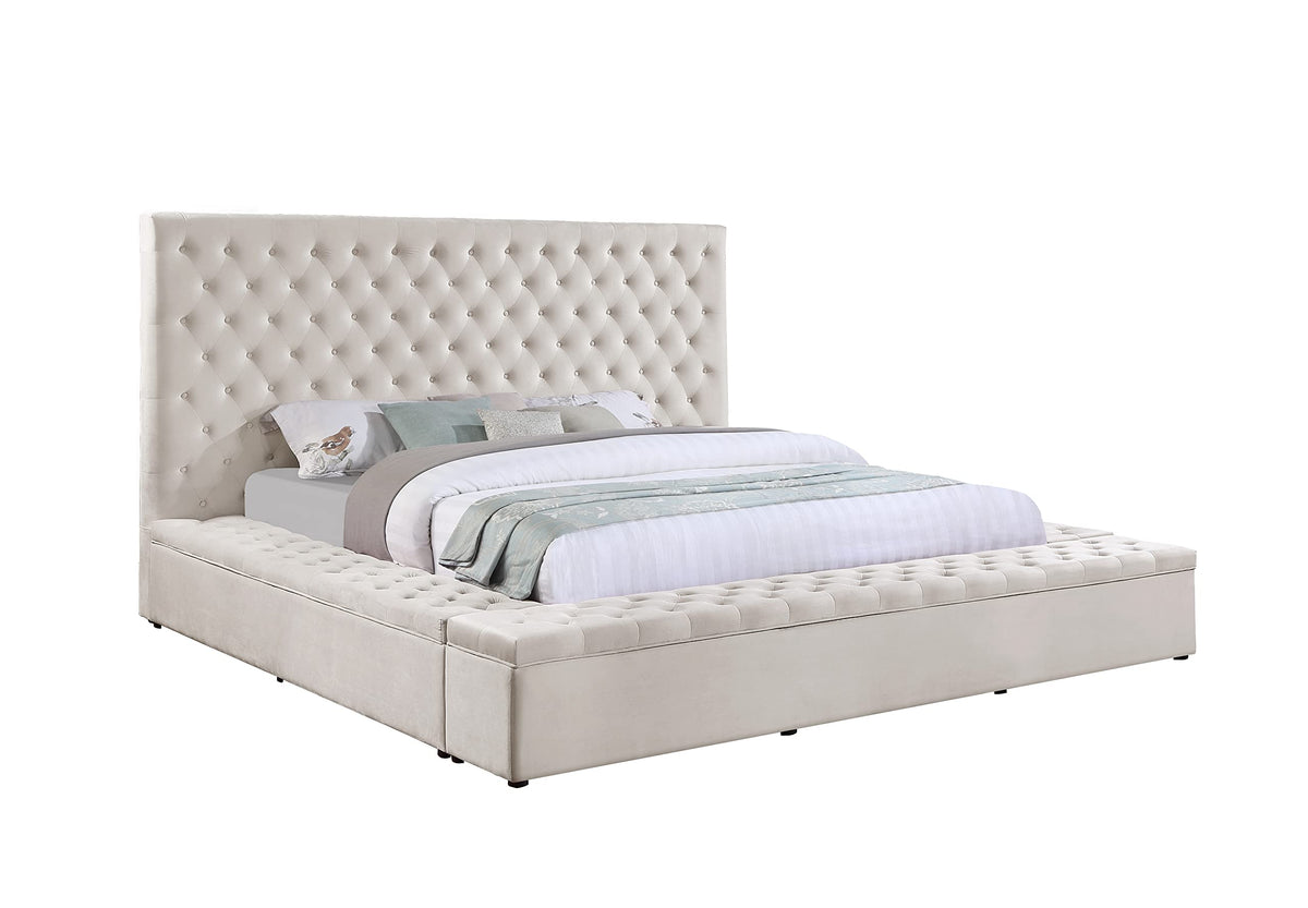 Yumi Upholstered Velvet Low Profile Platform Bed, King, Cream