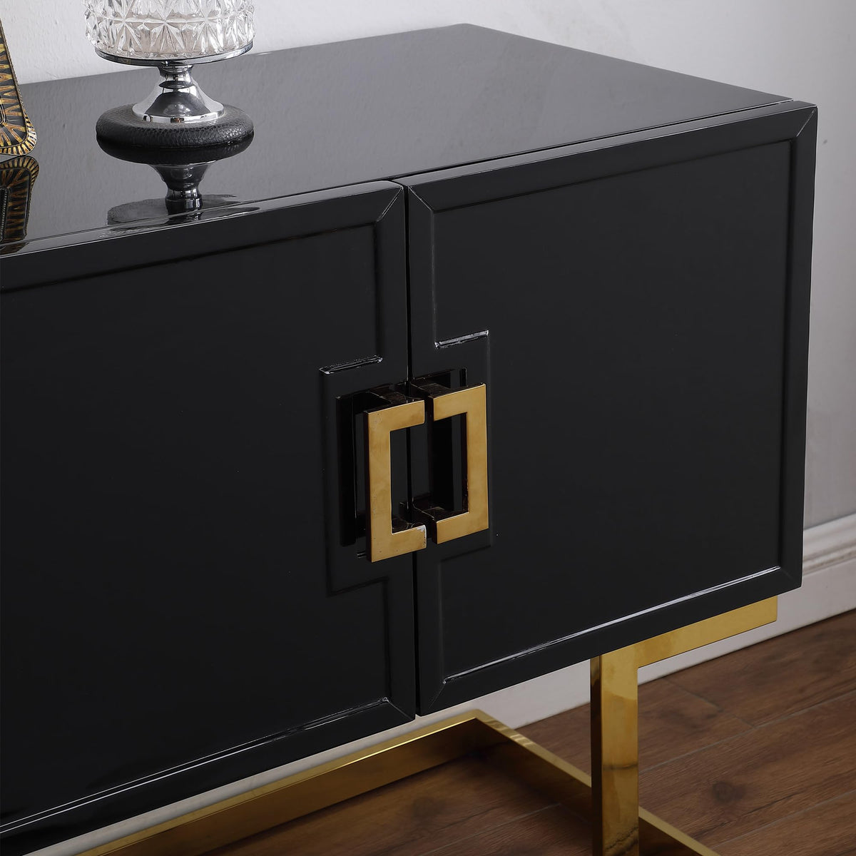 Tommy Contemporary High Gloss Lacquer Sideboard/Buffet with Gold Handles in Black - close-up