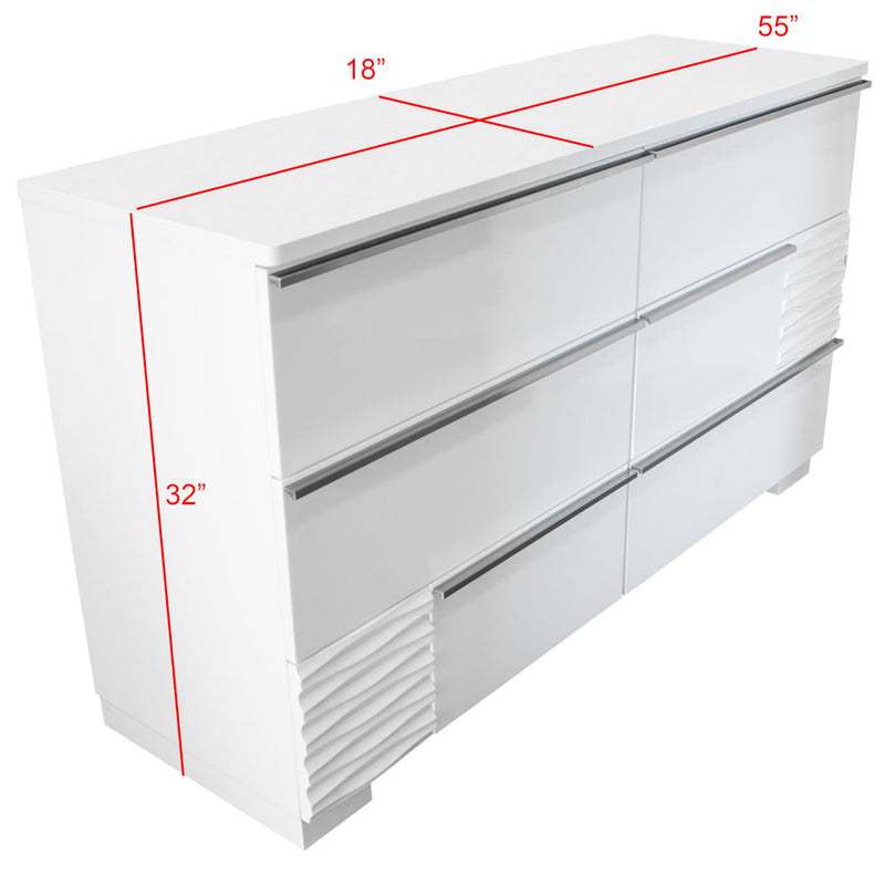 Athen 55" 6-Drawer Dresser with Chrome Pull Handles, White High Gloss Lacquer Finish