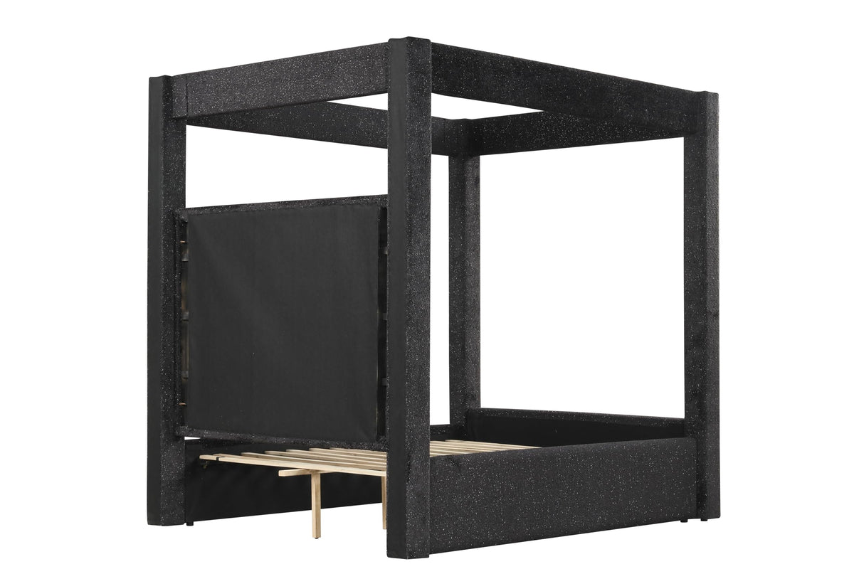 Borealis Canopy Bed Frame with Celestial Starry Upholstery, King, 87" Tall Headboard in Black - angle view