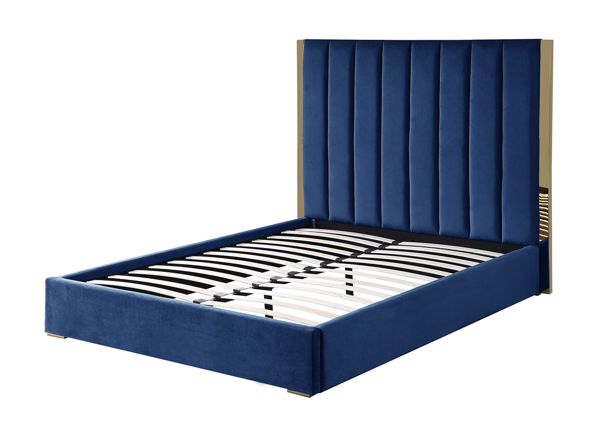 Jalen Blue Velvet Queen Platform Bed - detail view
