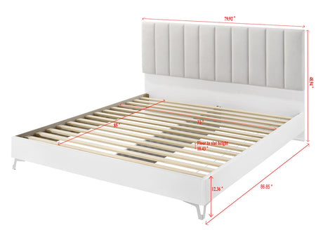 Linea 87" California King Bed Frame, White Frame with Beige Padded Headboard - side view