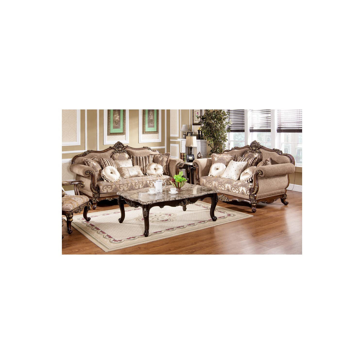 Winfrey 2-Pc Solid Wood and Chenille Living Room Set in Cherry - front view