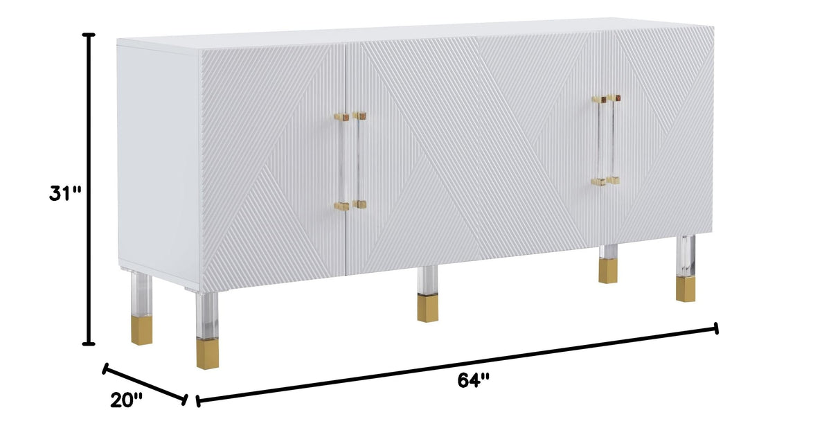 Quinn Contemporary Lacquer Sideboard, with Storage Acrylic/Gold Handles and Legs in White - side view