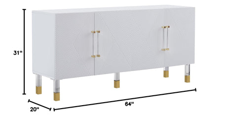Quinn Contemporary Lacquer Sideboard, with Storage Acrylic/Gold Handles and Legs in White - side view