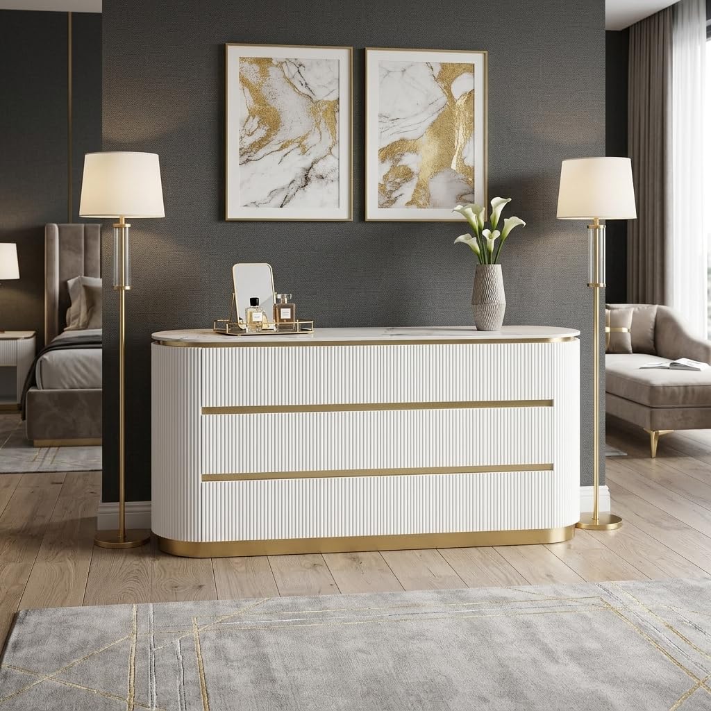 Trandell 65" Wide Modern Glam Faux Marble Top 6-Drawer Dresser - side view