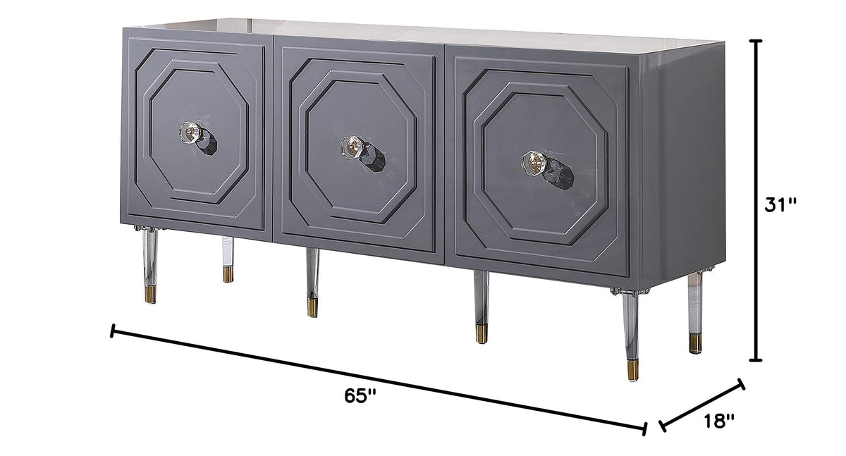 Tahlia High Gloss Lacquer Sideboard/Buffet with Gold Accents in Grey - side view