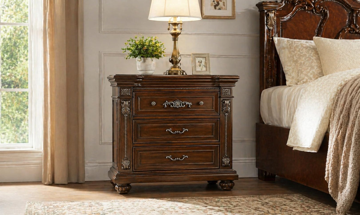 Isabella 3-Drawer Wood Nightstand in Cherry Oak — styled product view