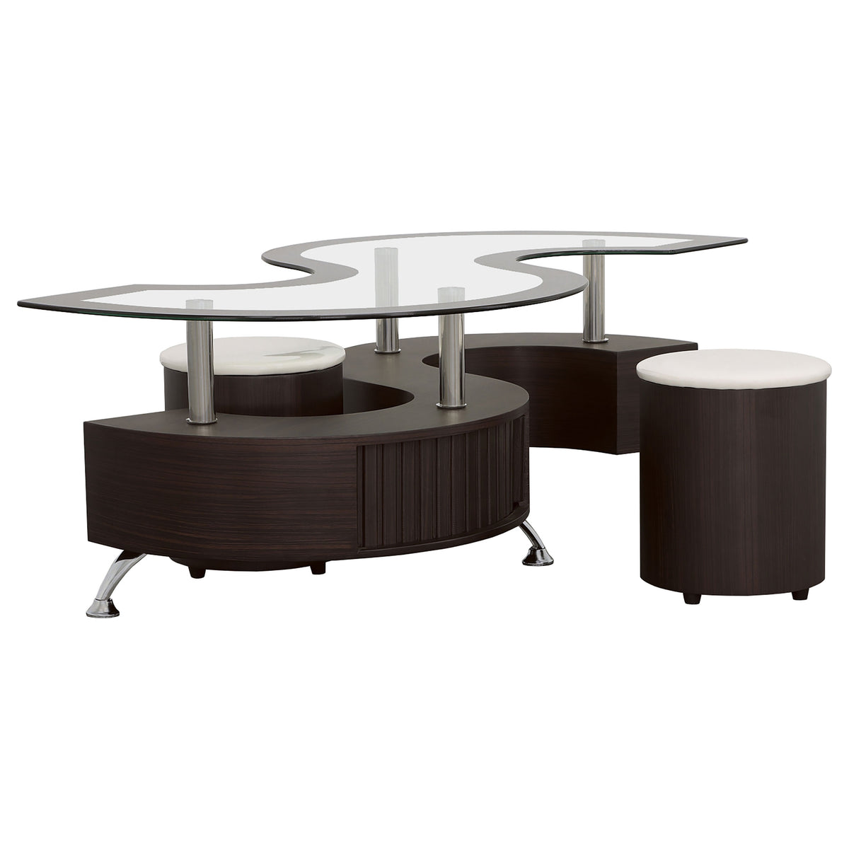 Buckley 3-Piece Glass Top Coffee Table with 2 Stools - Serpentine Shape with Sliding-Door Storage in Cappuccino – view 2