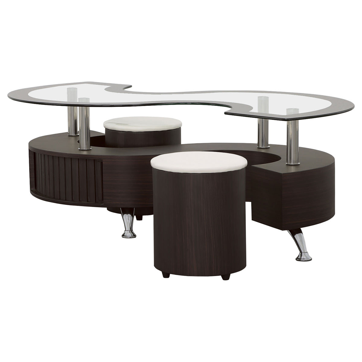Buckley 3-Piece Glass Top Coffee Table with 2 Stools - Serpentine Shape with Sliding-Door Storage in Cappuccino – view 4