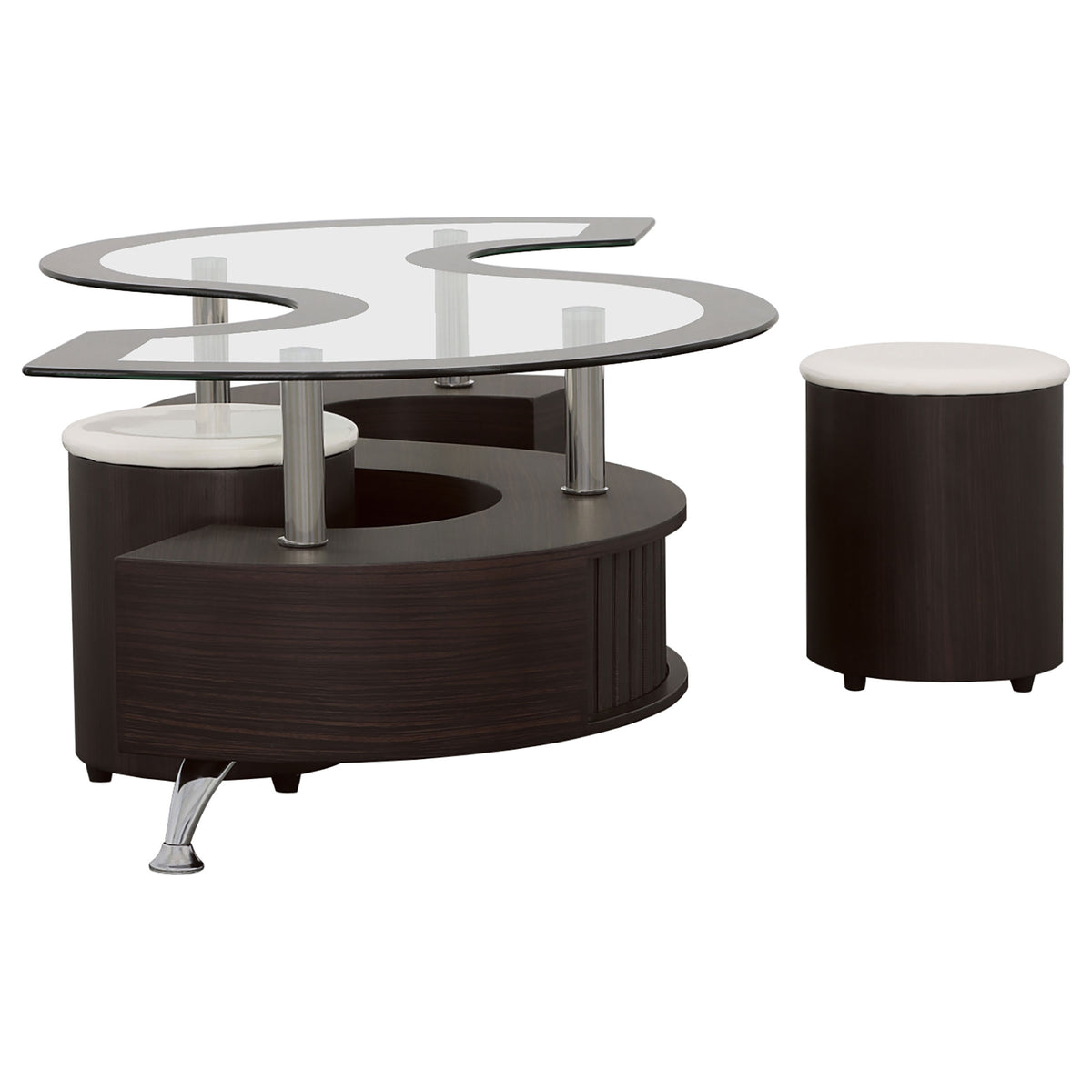 Buckley 3-Piece Glass Top Coffee Table with 2 Stools - Serpentine Shape with Sliding-Door Storage in Cappuccino – view 5