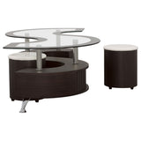 Buckley 3-Piece Glass Top Coffee Table with 2 Stools - Serpentine Shape with Sliding-Door Storage in Cappuccino – view 5